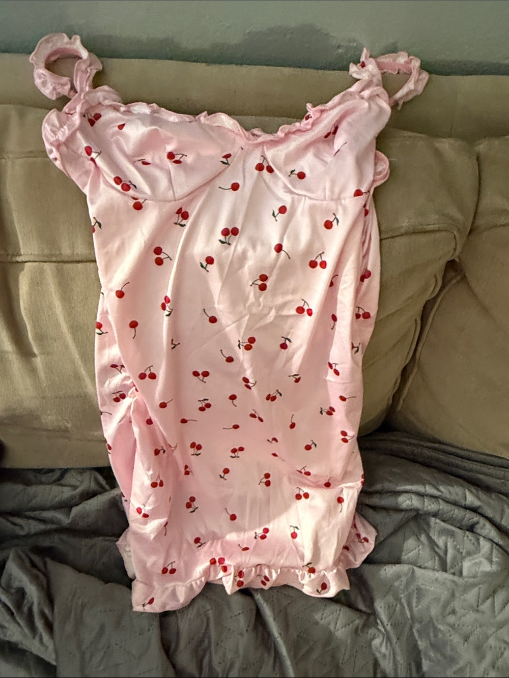 Light Pink Cherry-Print Women's Chemise with Ruffle Straps